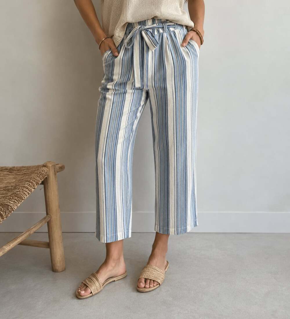 Soho Apparel Ltd. Striped Linen Blend Tie-Waist Cropped Pants Size PL
